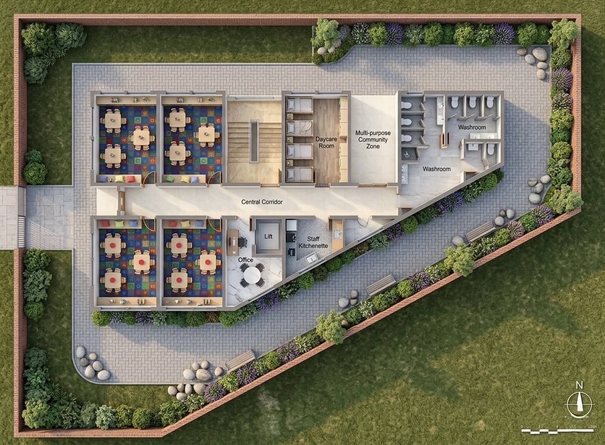 School campus aerial top view render Gurugram — the same plan built and landscaped